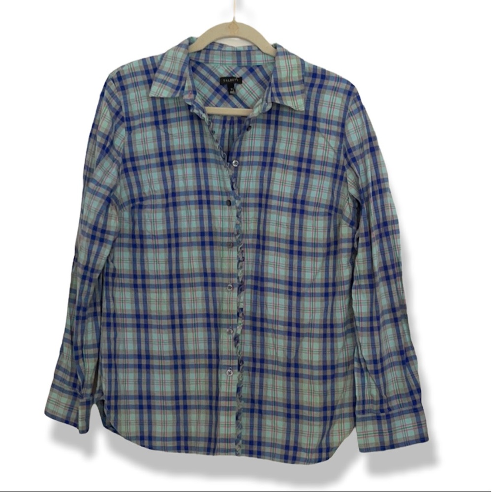 Talbots 100% Cotton Plaid Ruffle Button Shirt Size M